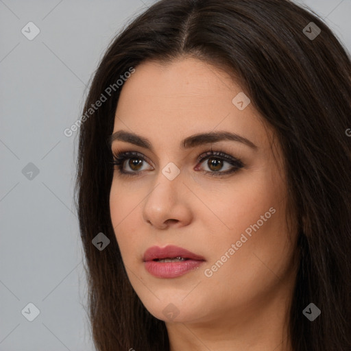 Neutral white young-adult female with long  brown hair and brown eyes