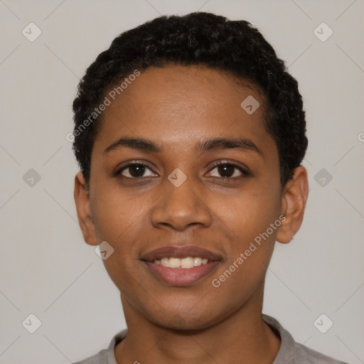 Joyful black young-adult female with short  black hair and brown eyes