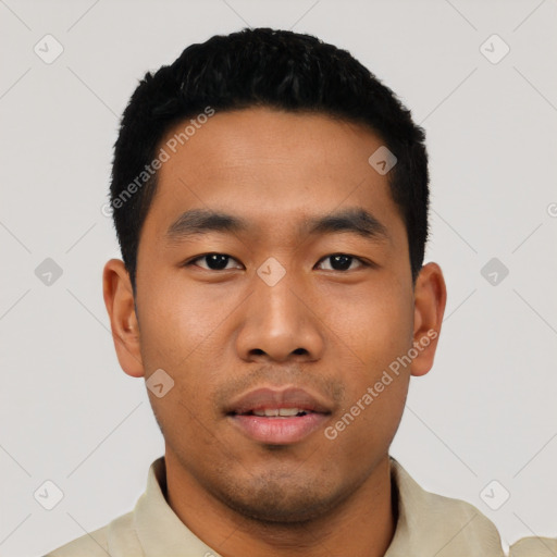 Neutral asian young-adult male with short  black hair and brown eyes