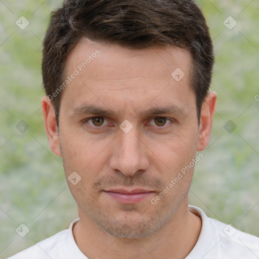 Neutral white adult male with short  brown hair and brown eyes