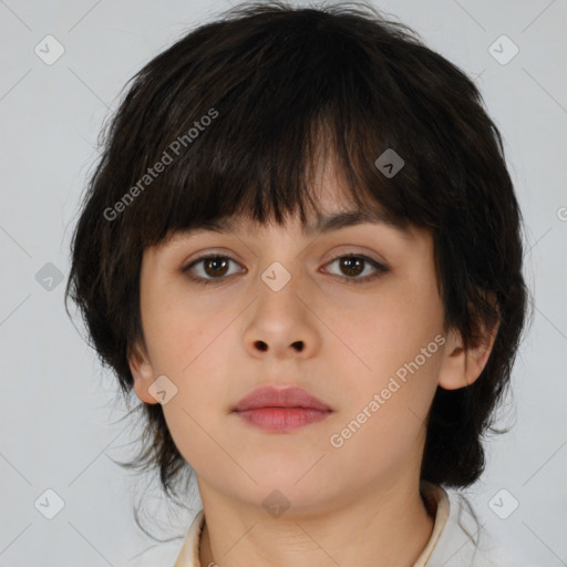 Neutral white young-adult female with medium  brown hair and brown eyes