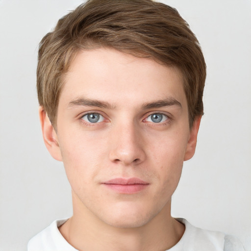 Neutral white young-adult male with short  brown hair and grey eyes