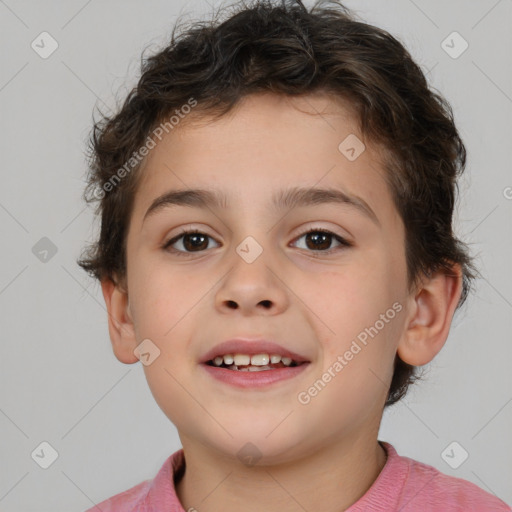 Joyful white child male with short  brown hair and brown eyes