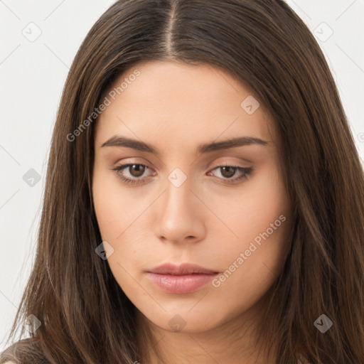 Neutral white young-adult female with long  brown hair and brown eyes