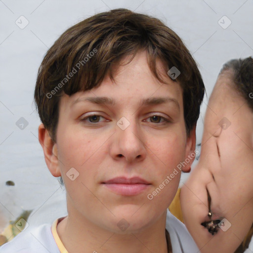 Neutral white young-adult female with short  brown hair and brown eyes