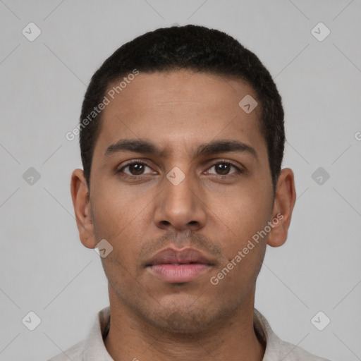 Neutral latino young-adult male with short  black hair and brown eyes