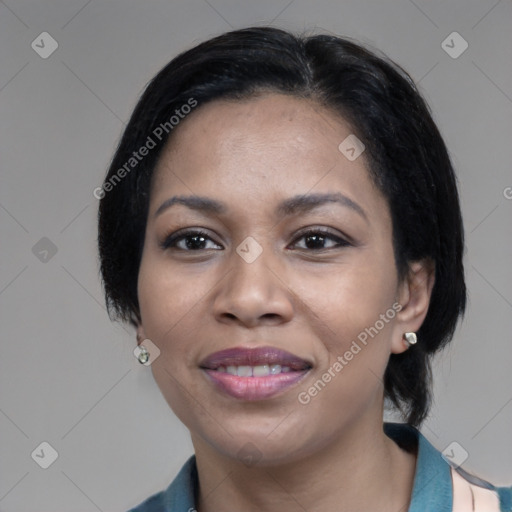 Joyful black young-adult female with medium  black hair and brown eyes