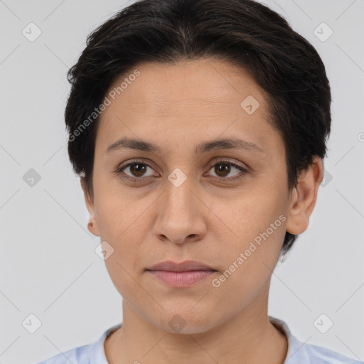 Joyful white young-adult female with short  brown hair and brown eyes