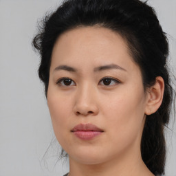 Neutral asian young-adult female with medium  brown hair and brown eyes