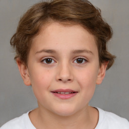 Joyful white child female with short  brown hair and brown eyes