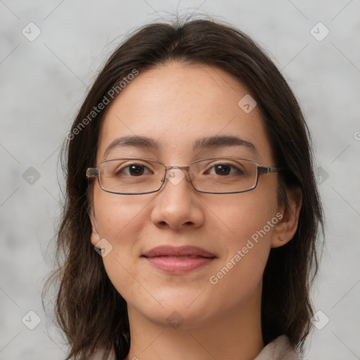 Joyful white young-adult female with medium  brown hair and brown eyes