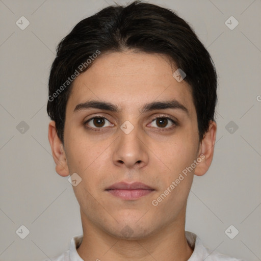 Neutral white young-adult male with short  brown hair and brown eyes