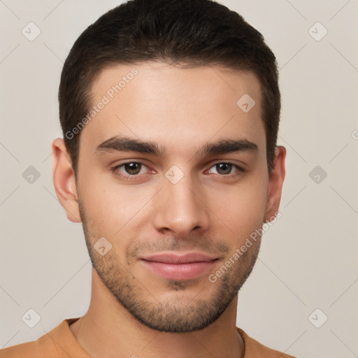 Neutral white young-adult male with short  brown hair and brown eyes