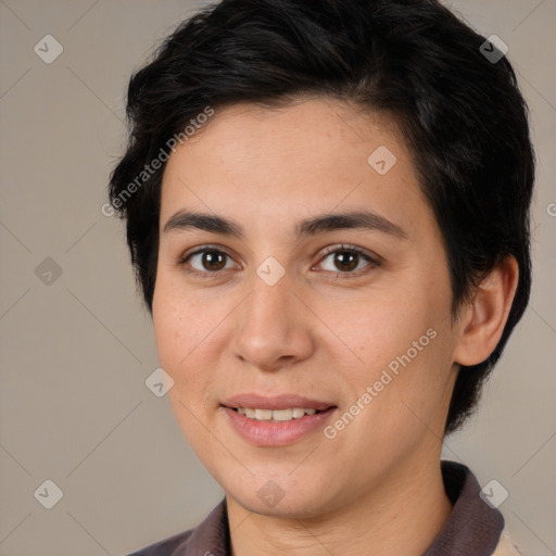 Joyful white young-adult female with medium  brown hair and brown eyes