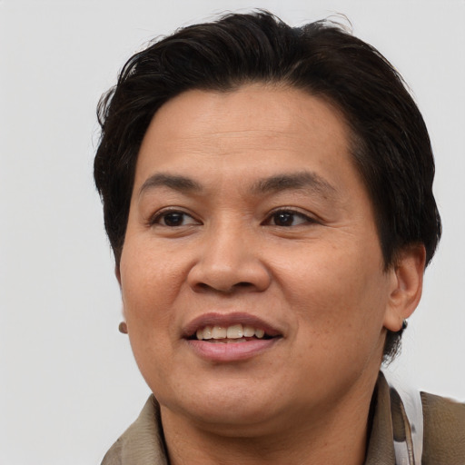 Joyful asian adult female with short  brown hair and brown eyes