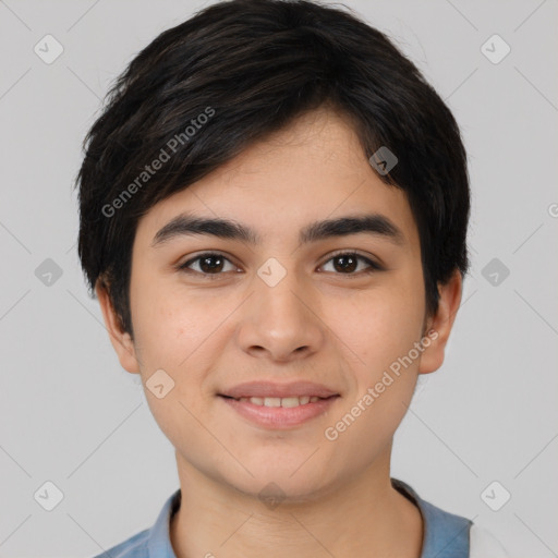 Joyful white young-adult male with short  black hair and brown eyes