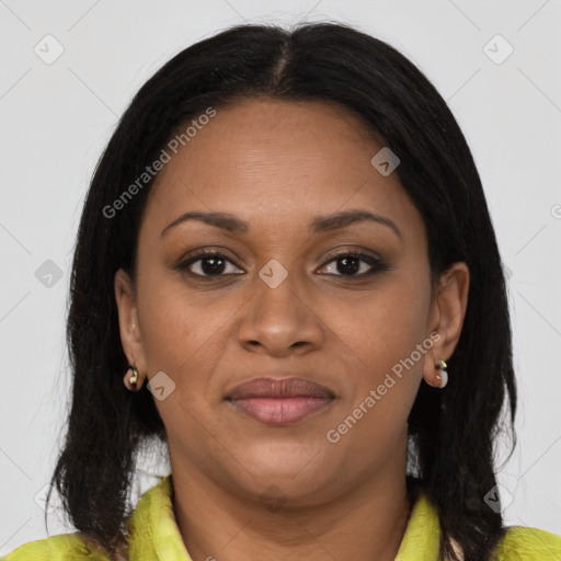 Joyful black young-adult female with medium  brown hair and brown eyes