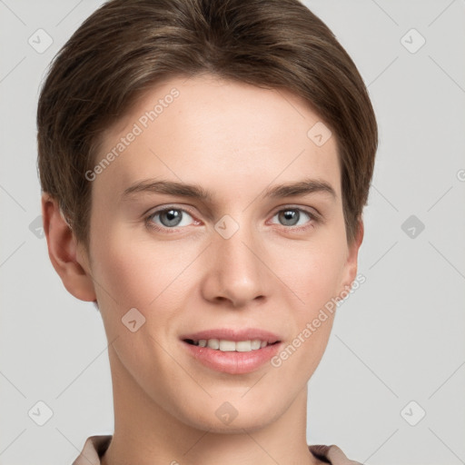 Joyful white young-adult female with short  brown hair and grey eyes