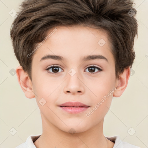 Joyful white child male with short  brown hair and brown eyes