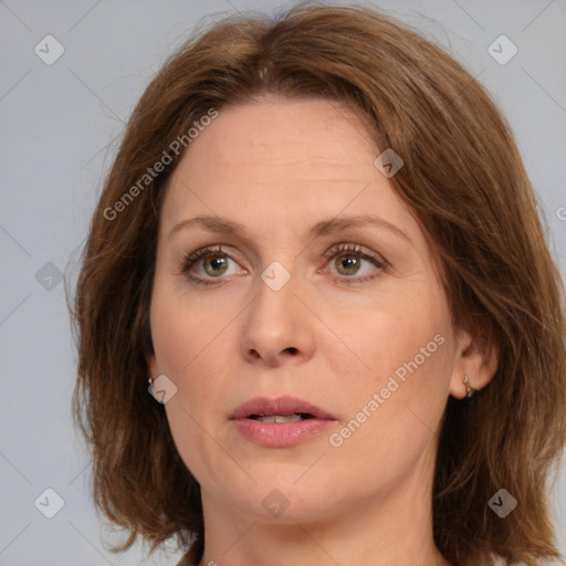 Neutral white adult female with medium  brown hair and brown eyes