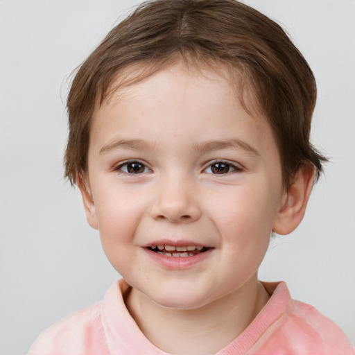 Joyful white child female with short  brown hair and brown eyes