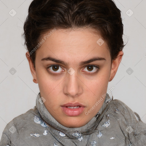 Neutral white young-adult female with short  brown hair and brown eyes