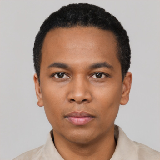 Neutral black young-adult male with short  black hair and brown eyes