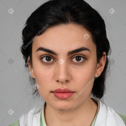 Neutral white young-adult female with medium  brown hair and brown eyes