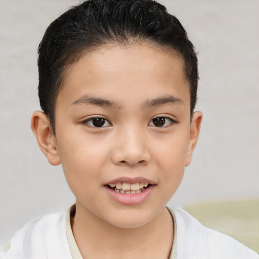 Joyful white child female with short  brown hair and brown eyes