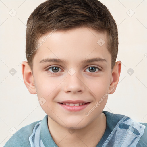 Joyful white child male with short  brown hair and brown eyes