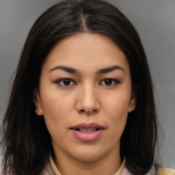 Neutral asian young-adult female with long  brown hair and brown eyes