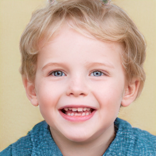 Joyful white child female with short  brown hair and blue eyes