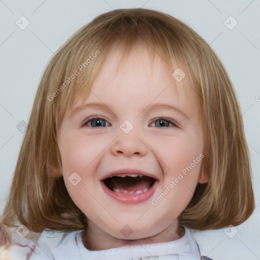 Joyful white child female with medium  brown hair and grey eyes