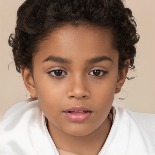 Joyful white child female with medium  brown hair and brown eyes