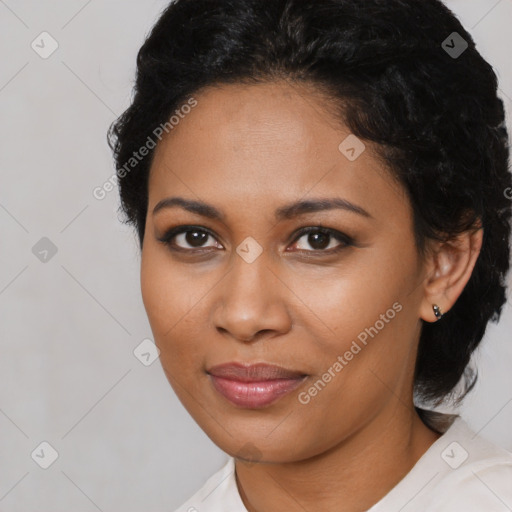 Joyful black young-adult female with medium  brown hair and brown eyes