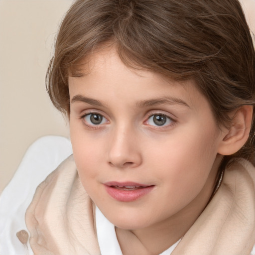 Joyful white child female with medium  brown hair and grey eyes