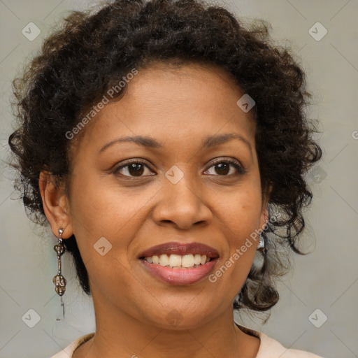 Joyful black young-adult female with medium  brown hair and brown eyes