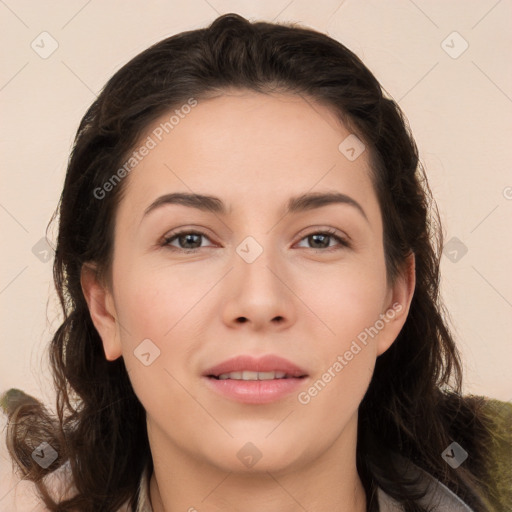 Neutral white young-adult female with long  brown hair and brown eyes