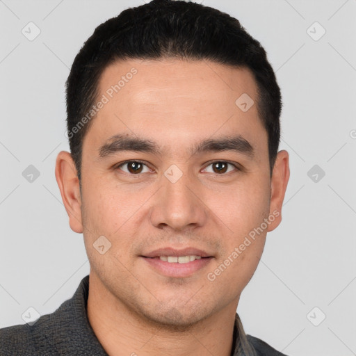 Joyful white young-adult male with short  black hair and brown eyes