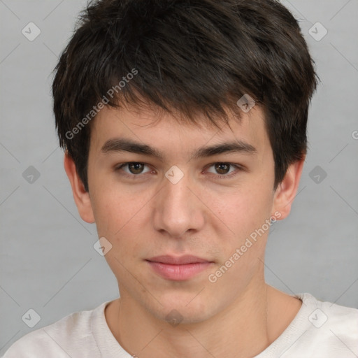 Neutral white young-adult male with short  brown hair and brown eyes