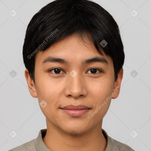 Joyful asian young-adult female with short  black hair and brown eyes