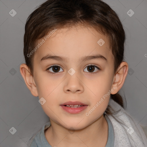 Joyful white child female with short  brown hair and brown eyes