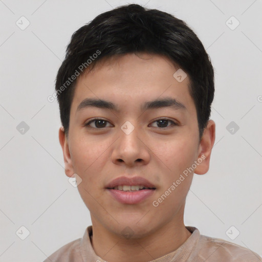 Neutral asian young-adult male with short  black hair and brown eyes