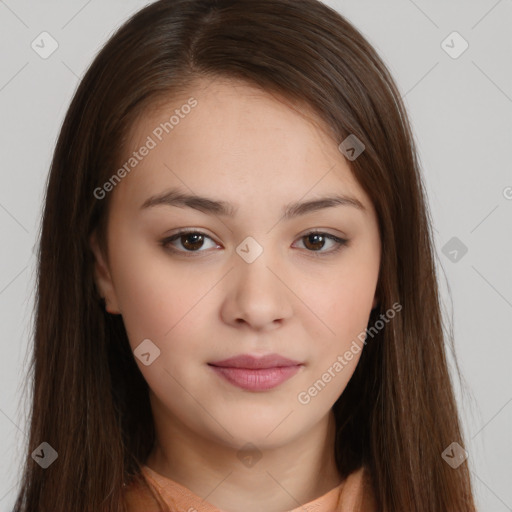 Neutral white young-adult female with long  brown hair and brown eyes