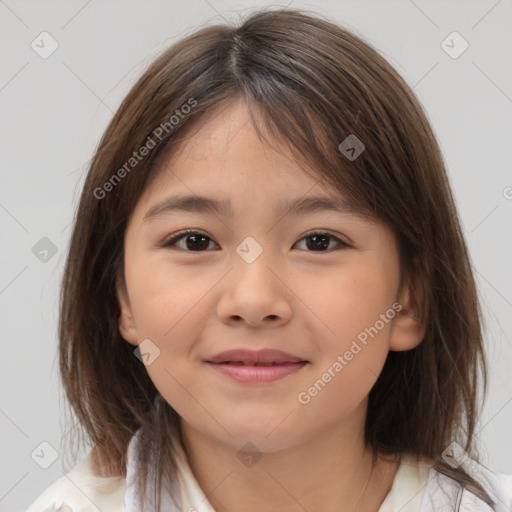 Joyful white child female with medium  brown hair and brown eyes