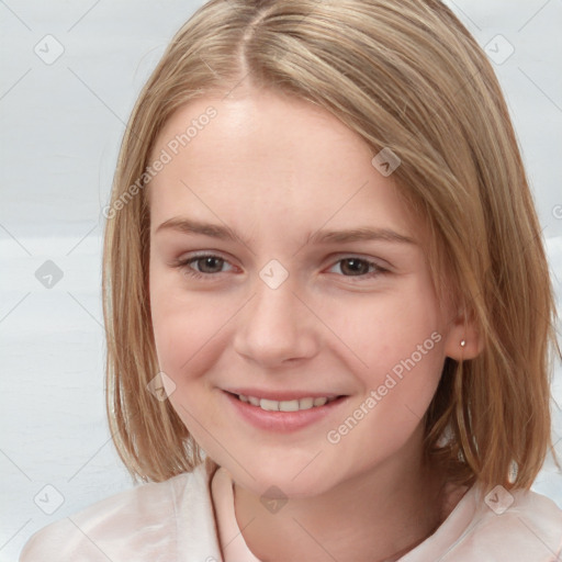 Joyful white child female with medium  brown hair and brown eyes