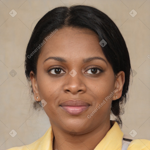 Joyful black young-adult female with medium  brown hair and brown eyes