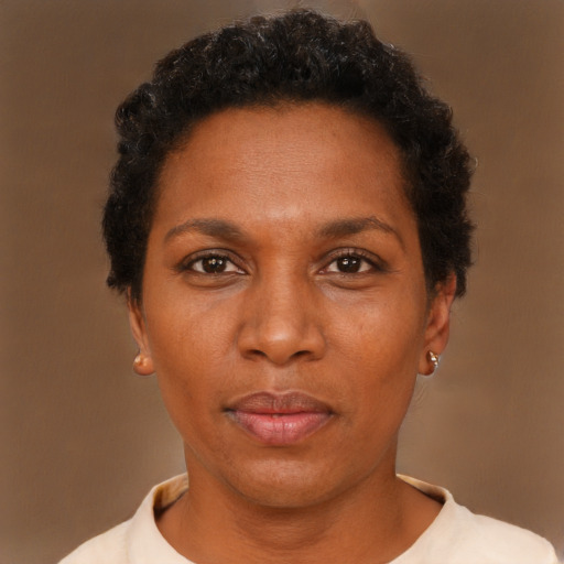 Neutral black adult female with short  brown hair and brown eyes
