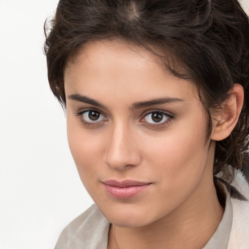 Neutral white young-adult female with medium  brown hair and brown eyes