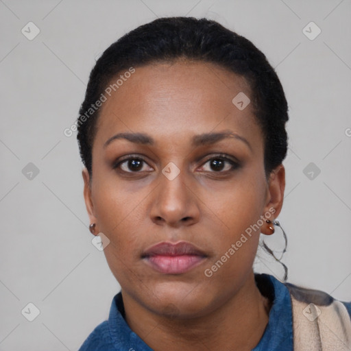 Neutral black young-adult female with short  black hair and brown eyes